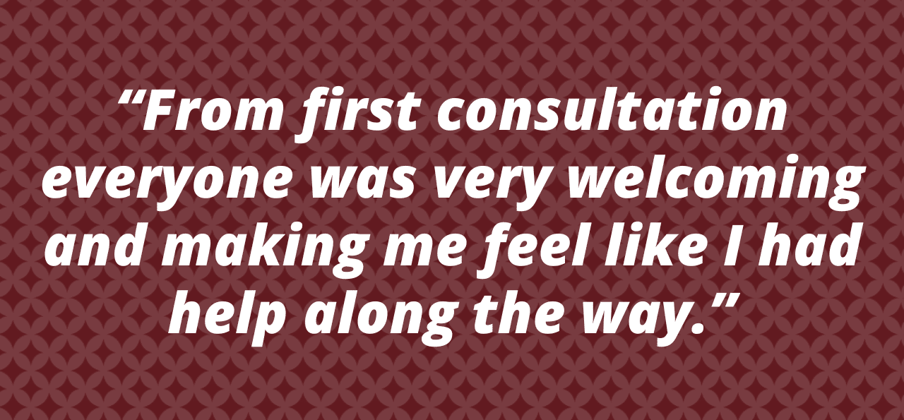 Testimonial quote on a maroon geometric background.